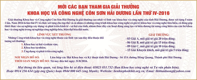 Xét tặng giải thưởng Khoa học và Công nghệ Côn Sơn tỉnh Hải Dương lần thứ IV-2016