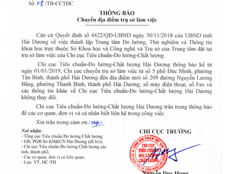 Thông báo chuyển trụ sở làm việc Chi cục Tiêu chuẩn - Đo lường - Chất lượng Hải Dương